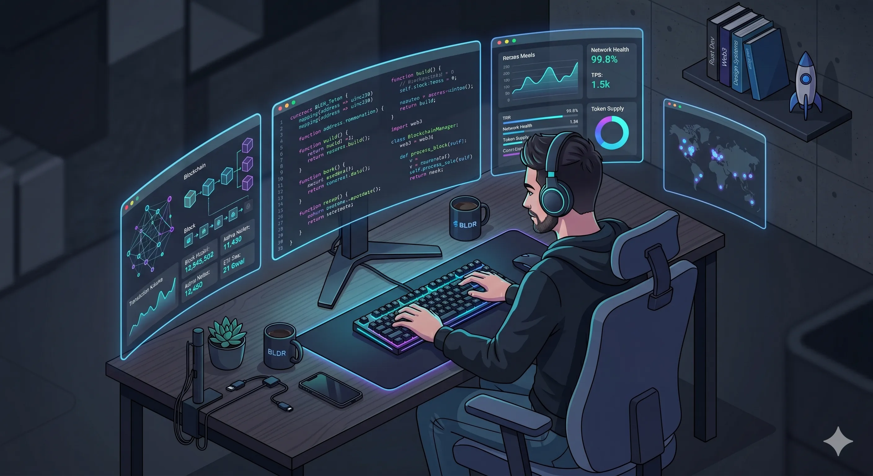 Builder at work — multi-monitor coding setup